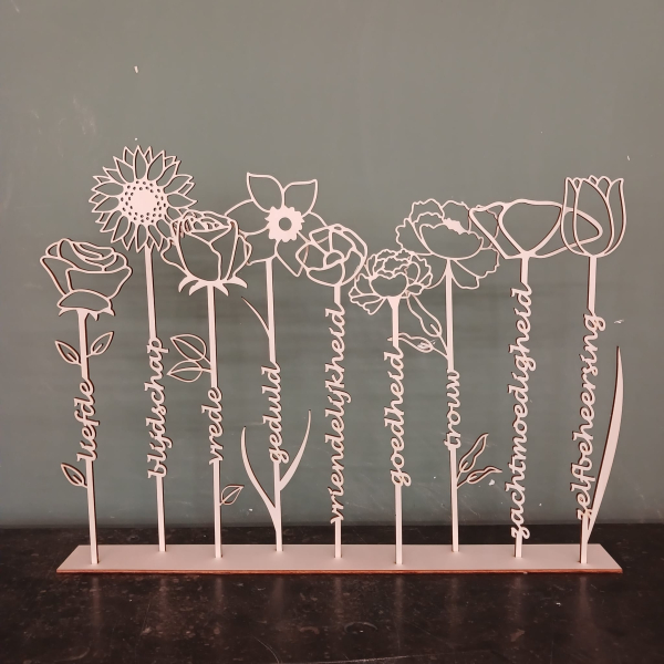 De Gaven van de Geest, verwerkt in houten bloemen De Gaven van de Geest, verwerkt in houten bloemen