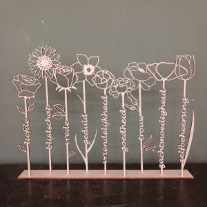Vruchten van de Geest, verwerkt in houten bloemen Vruchten van de Geest, verwerkt in houten bloemen