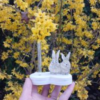 2 geïllustreerde konijntjes, met organisch gevormde houder en glazen vaasje