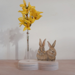 2 geïllustreerde konijntjes, met organisch gevormde houder en glazen vaasje